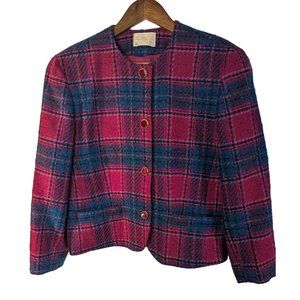 Vintage Pendleton Pure Virgin Wool blue/pink plaid cropped blazer women's sz 14